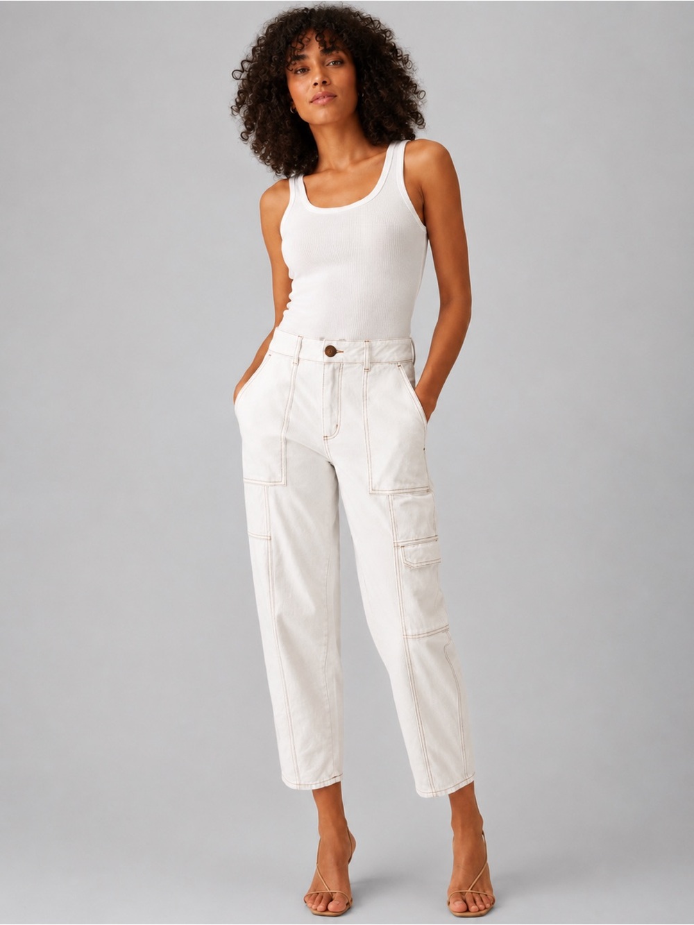 🌺 ME+EM White Italian Cotton Utility Denim Cargo Jeans